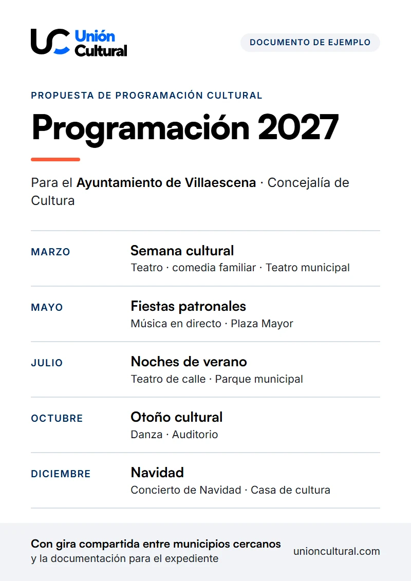 Documento de ejemplo con la marca de Unión Cultural: propuesta de programación cultural de 2027 para un ayuntamiento, con cinco citas repartidas en el año (semana cultural, fiestas patronales, noches de verano, otoño cultural y Navidad).